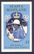 Staffa 1986 Queen's 60th Birthday imperf deluxe sheet (£2 value) with AMERIPEX opt in blue unmounted mint