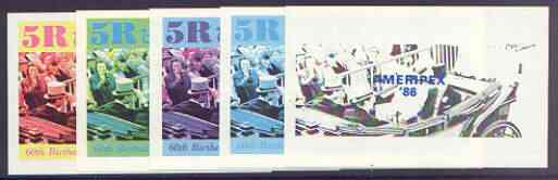 Oman 1986 Queen's 60th Birthday imperf deluxe sheet (5R value) with AMERIPEX opt in blue, set of 5 progressive proofs comprising single & various composite combinations unmounted mint