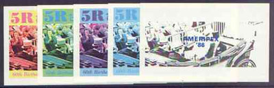 Oman 1986 Queen's 60th Birthday imperf deluxe sheet (5R value) with AMERIPEX opt in blue, set of 5 progressive proofs comprising single & various composite combinations unmounted mint