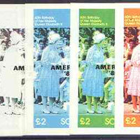 Bernera 1986 Queen's 60th Birthday imperf deluxe sheet (£2 value) with AMERIPEX opt in black, set of 5 progressive proofs comprising single & various composite combinations unmounted mint