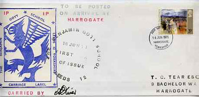 Great Britain 1971 Ulster Paintings 3p on long cover with first day cancel, also bearing Benjamin Gott School 1p Carriage Label with first day cachet signed by carrier (contents describes the authenticity of the label) slightly grubby cover