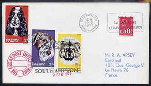 Cinderella - Great Britain 1971 Postal Strike cover to France bearing 3 Pabay imperf Dog values overprinted 'EUROPA 1969' additionally opt'd 'Emergency Strike Post, International Mail' with Pabay obliterated, various cachets plus ……Details Below