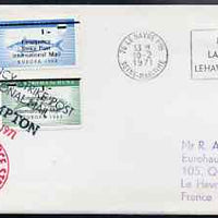 Great Britain 1971 Postal Strike cover to France bearing set of 3 Stroma 'EUROPA 1963' Fish values overprinted 'Emergency Strike Post, International Mail' with Stroma obliterated, various cachets plus French 50c stamp cancelled Le Havre
