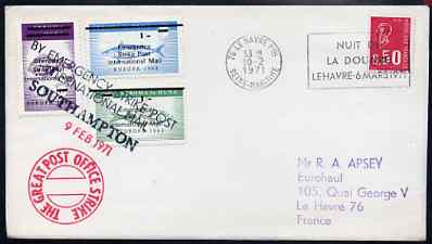 Great Britain 1971 Postal Strike cover to France bearing set of 3 Stroma 'EUROPA 1963' Fish values overprinted 'Emergency Strike Post, International Mail' with Stroma obliterated, various cachets plus French 50c stamp cancelled Le Havre