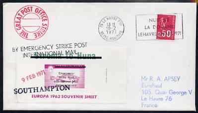 Great Britain 1971 Postal Strike cover to France bearing Stroma 'EUROPA 1963' Fish m/sheet overprinted 'Emergency Strike Post, International Mail' with Stroma obliterated, various cachets plus French 50c stamp cancelled Le Havre