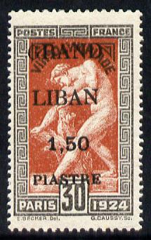 Lebanon 1924 Olympic Games 1p50 on 30c mounted mint example with 'small G in Grand' c £20 as normal (SG 20var)