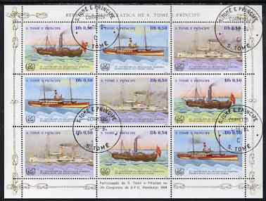 St Thomas & Prince Islands 1984 UPU Congress (Paddle Steamers) perf sheetlet of 9 (3 sets of 3) fine cto used