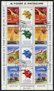 St Thomas & Prince Islands 1978 Centenary of UPU perf sheetlet containing 12 values (set of 8 plus extra 4 values) fine cto used (Concorde,Balloon, Airship,Train,Stage coach, Ship & Satellite)