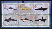 Benin 2002 Whales & Dolphins perf sheetlet containing set of 6 values, each with Scouts & Guides Logos unmounted mint