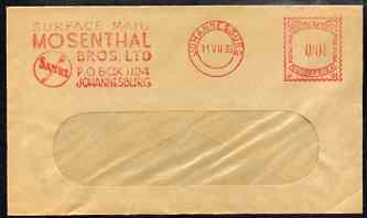 South Africa 1939 window envelope with 1/2d meter slogan cancel from Mosenthal Bros Ltd, Sabre
