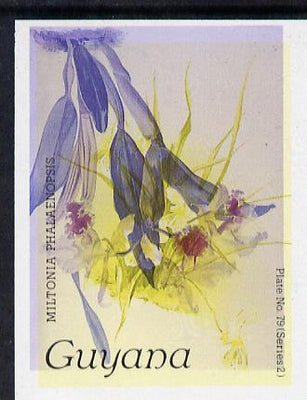 Guyana 1985-89 Orchids Series 2 plate 79 (Sanders' Reichenbachia) unmounted mint imperf single in black & yellow colours only with blue & red from another value (plate 72) printed inverted, most unusual and spectacular*