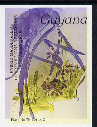 Guyana 1985-89 Orchids Series 2 plate 76 (Sanders' Reichenbachia) unmounted mint imperf single in black & yellow colours only with blue & red from another value (plate 94) printed inverted, most unusual and spectacular*