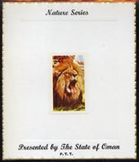 Oman 1974 Zoo Animals (Lion) imperf (4b value) mounted on special 'Nature Series' presentation card inscribed 'Presented by the State of Oman'