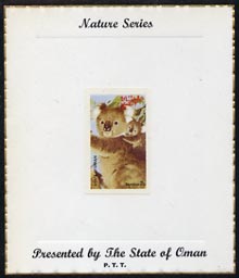 Oman 1974 Zoo Animals (Koala Bear) imperf (2b value) mounted on special 'Nature Series' presentation card inscribed 'Presented by the State of Oman'