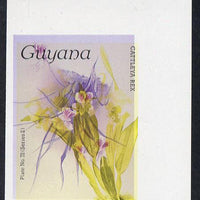 Guyana 1985-89 Orchids Series 2 plate 72 (Sanders' Reichenbachia) unmounted mint imperf single in black & yellow colours only with blue & red from another value (plate 79) printed inverted, most unusual and spectacular