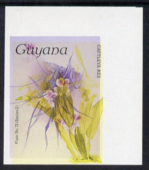 Guyana 1985-89 Orchids Series 2 plate 72 (Sanders' Reichenbachia) unmounted mint imperf single in black & yellow colours only with blue & red from another value (plate 79) printed inverted, most unusual and spectacular