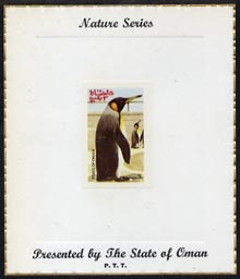 Oman 1974 Zoo Animals (Penguins) imperf (3b value) mounted on special 'Nature Series' presentation card inscribed 'Presented by the State of Oman'
