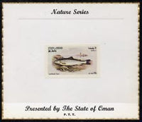 Oman 1972 Fish (Lochleven Trout) imperf (10b value) mounted on special 'Nature Series' presentation card inscribed 'Presented by the State of Oman'