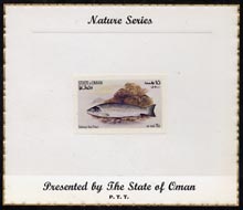 Oman 1972 Fish (Galway Sea Trout) imperf (15b value) mounted on special 'Nature Series' presentation card inscribed 'Presented by the State of Oman'