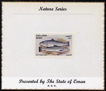 Oman 1972 Fish (Short Headed Salmon) imperf (4b value) mounted on special 'Nature Series' presentation card inscribed 'Presented by the State of Oman'