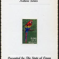 Oman 1970 Parrots (Scarlet Macaw) imperf (5b value) mounted on special 'Nature Series' presentation card inscribed 'Presented by the State of Oman'
