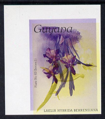 Guyana 1985-89 Orchids Series 2 plate 62 (Sanders' Reichenbachia) unmounted mint imperf single in black & yellow colours only with blue & red from another value (plate 83) printed inverted, most unusual and spectacular