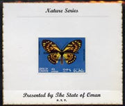 Oman 1970 Butterflies (Papilio zagreus) imperf (4b value opt'd European Conservation Year) mounted on special 'Nature Series' presentation card inscribed 'Presented by the State of Oman'