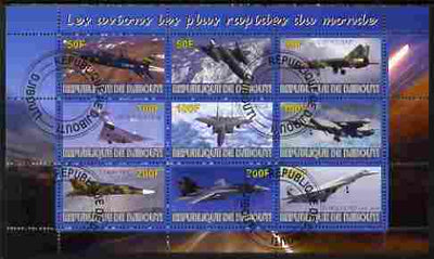 Djibouti 2010 Worlds Fastest Planes perf sheetlet containing 9 values fine cto used