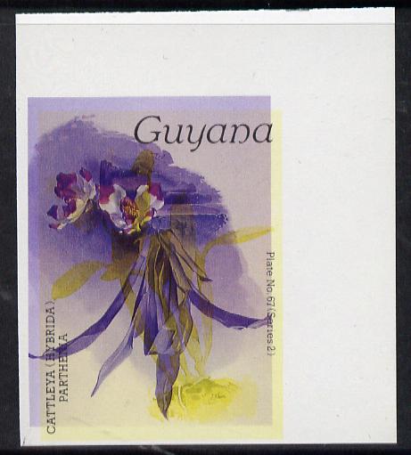 Guyana 1985-89 Orchids Series 2 plate 67 (Sanders' Reichenbachia) unmounted mint imperf single in black & yellow colours only with blue & red from another value (plate 86) printed inverted, most unusual and spectacular