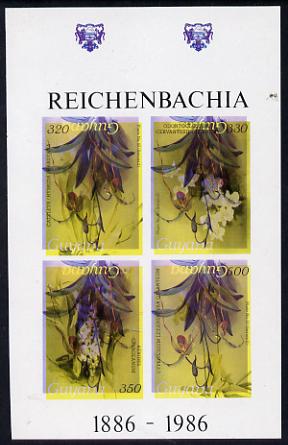Guyana 1985-89 Orchids Series 2 Plate 46, 55, 57 & 81 (Sanders' Reichenbachia) unmounted mint imperf se-tenant sheetlet of 4 in black & yellow colours only with blue & red from another value (plate 16) printed inverted, most unusual and spectacular