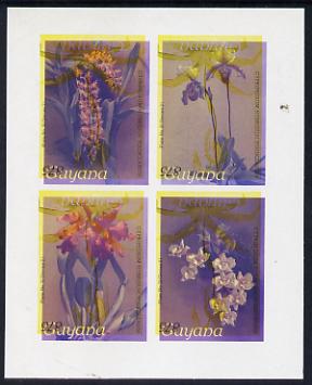 Guyana 1985-89 Orchids Series 2 Plate 46, 55, 57 & 81 (Sanders' Reichenbachia) unmounted mint imperf se-tenant sheetlet of 4 in blue & red colours only with black & yellow from another value (plate 31) printed inverted, most unusual and spectacular