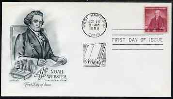 United States 1958 Birth Bicentenary of Noah Webster (creator of dictionary) on illustrated cover with first day cancel, SG 1120
