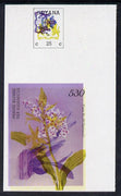 Guyana 1985-89 Orchids Series 2 plate 69 (Sanders' Reichenbachia) unmounted mint imperf single in black & yellow colours only with blue & red from another value (plate 71) printed inverted, most unusual and spectacular