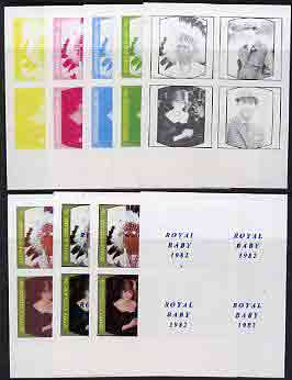 Staffa 1982 Royal Baby opt on 1981 Royal Wedding imperf sheetlet containing set of 4, the,set of 9 progressive proofs comprising the 5 individual colours plus two 2-colour, 3, 4,and all 5-colour composites (36 proofs) unmounted mint