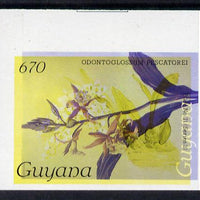 Guyana 1985-89 Orchids Series 2 plate 71 (Sanders' Reichenbachia) unmounted mint imperf single in black & yellow colours only with blue & red from another value (plate 69) printed inverted, most unusual and spectacular