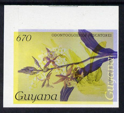 Guyana 1985-89 Orchids Series 2 plate 71 (Sanders' Reichenbachia) unmounted mint imperf single in black & yellow colours only with blue & red from another value (plate 69) printed inverted, most unusual and spectacular