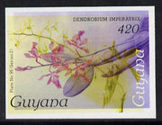 Guyana 1985-89 Orchids Series 2 plate 95 (Sanders' Reichenbachia) unmounted mint imperf single in black & yellow colours only with blue & red from another value (plate 59) printed inverted, most unusual and spectacular