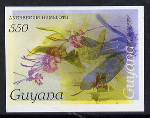 Guyana 1985-89 Orchids Series 2 plate 70 (Sanders' Reichenbachia) unmounted mint imperf single in black & yellow colours only with blue & red from another value (plate 84) printed inverted, most unusual and spectacular