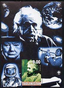 Tadjikistan 2000 Einstein (with Churchill, Satchmo & N Armstrong) perf souvenir sheet unmounted mint with Scout logos in margin