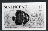 St Vincent 1975 French Angelfish 1c stamp size Black & white photographic proof similar to issued stamp but with thicker lettering and without imprint, as SG 422