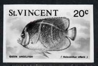St Vincent 1975 Queen Angelfish 20c stamp size Black & white,photographic proof similar to issued stamp but with thicker lettering and without imprint, as SG 433