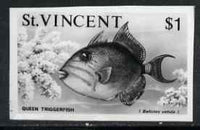 St Vincent 1975 Queen Triggerfish $1 stamp size Black & white,photographic proof similar to issued stamp but with thicker lettering and without imprint, as SG 440