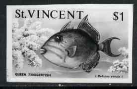 St Vincent 1975 Queen Triggerfish $1 stamp size Black & white,photographic proof similar to issued stamp but with thicker lettering and without imprint, as SG 440