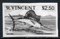 St Vincent 1975 Sailfish $2.50 stamp size Black & white,photographic proof similar to issued stamp but with thicker lettering and without imprint, as SG 441