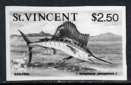 St Vincent 1975 Sailfish $2.50 stamp size Black & white,photographic proof similar to issued stamp but with thicker lettering and without imprint, as SG 441