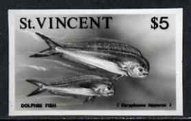 St Vincent 1975 Dolphin Fish $5 stamp size Black & white,photographic proof similar to issued stamp but with thicker lettering and without imprint, as SG 442
