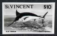 St Vincent 1975 Blue Marlin $10 stamp size Black & white,photographic proof similar to issued stamp but with thicker lettering and without imprint, as SG 443