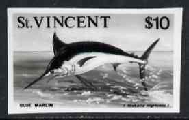 St Vincent 1975 Blue Marlin $10 stamp size Black & white,photographic proof similar to issued stamp but with thicker lettering and without imprint, as SG 443