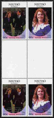 Tuvalu - Niutao 1986 Royal Wedding (Andrew & Fergie) 60c with 'Congratulations' opt in silver in unissued perf inter-paneau block of 4 (2 se-tenant pairs) unmounted mint from Printer's uncut proof sheet