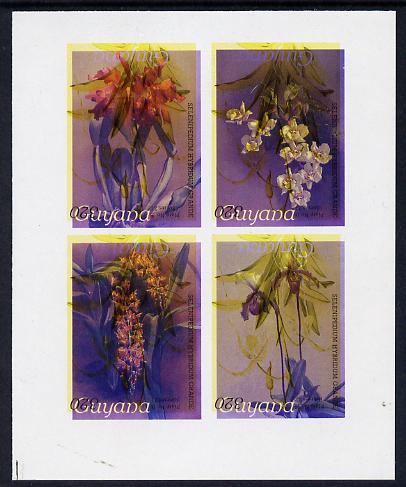 Guyana 1985-89 Orchids Series 2 Plate 46, 55, 57 & 81 (Sanders' Reichenbachia) unmounted mint imperf se-tenant sheetlet of 4 in blue & red colours only with black & yellow from another value (plate 16) printed inverted, most unusual and spectacular